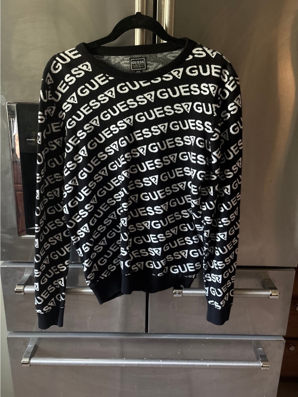 GUESS Black Crewneck Sweater with White Logo All-Over